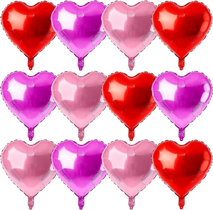 12 Pcs Red and Hot Pink Heart Foil Balloons for Valentines Day Decorations, 18 Inch Romantic Love Valentine Heart Balloons for Galentines Day Decorations Wedding Marriage Birthday Bridal Shower Party