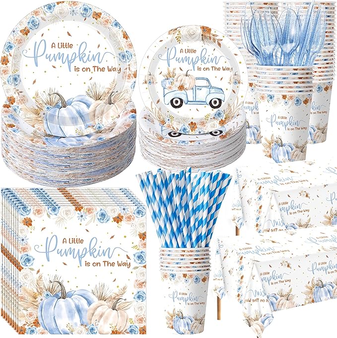 452 Pcs Little Pumpkin Baby Shower Decorations for 50, Blue a Little Pumpkin Is on The Way Paper Plates Napkins Cups Tablecloth Cutlery Straws for Autumn Fall Thanksgiving Party Supplies