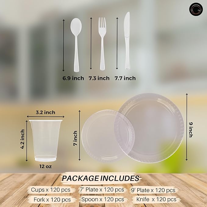 Grandipity 720 Piece Clear Disposable Dinnerware Set, Plastic Dinnerware Set Includes 120 Count 9' Dinner Plates, 7' Dessert Plates, 12oz Cups, Forks, Knives & Spoons