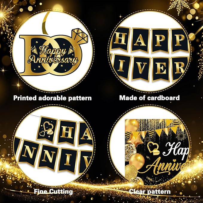 Happy Anniversary Decorations, Black and Gold Happy Anniversary Banner Wedding Party Decorations with 18Pcs Balloons, Backdrop, Hanging Swirls, Pompoms