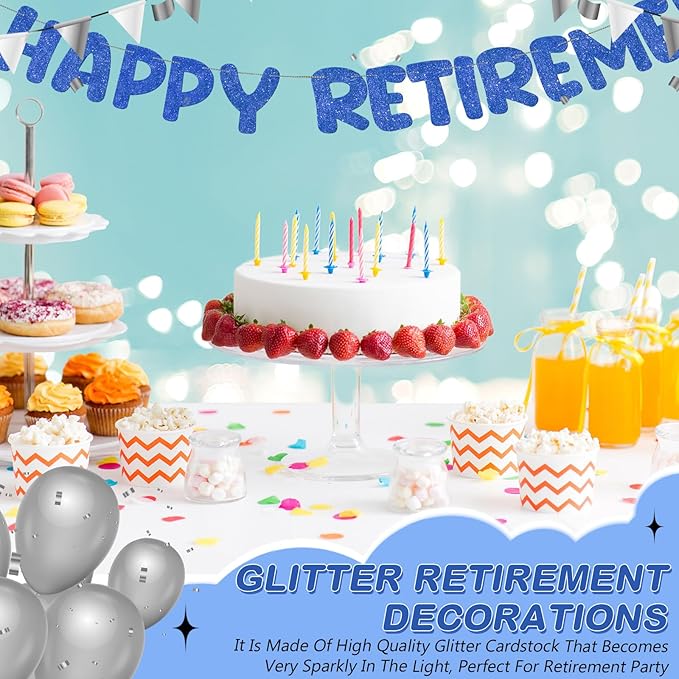 Fulmoon Pre Strung Happy Retirement Banner Glitter Retirement Sign Funny Official Retired Decor Party Decorations Supplies for Men Women Gifts (Navy Blue)
