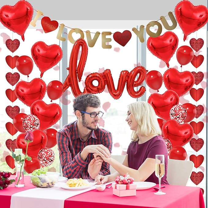 Anniversary Romantic Decorations Heart Balloons - 29Pcs Gold I Love You Banner Red Heart Balloon and Rose Petals For Engagement Wedding Anniversary Valentines Day Decor Supplies