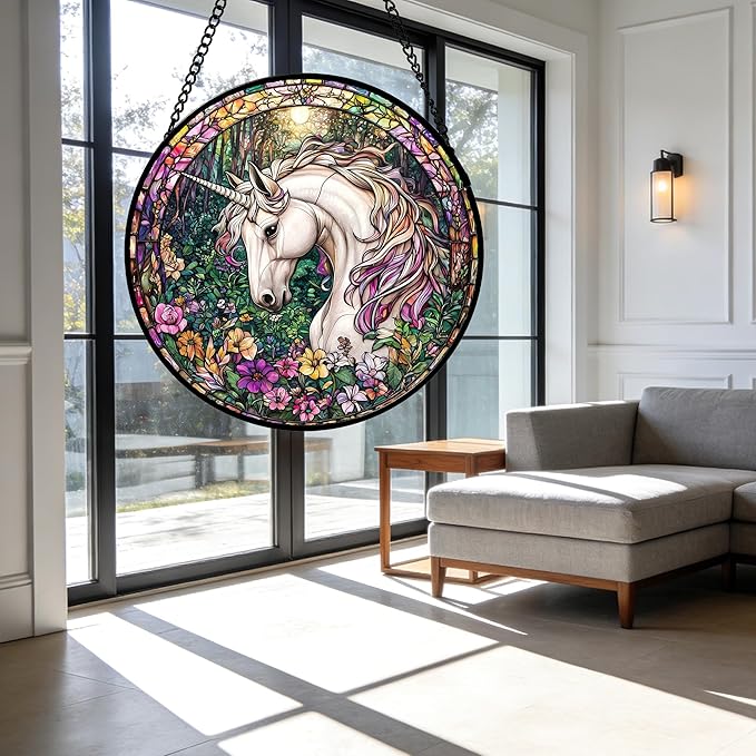 Stained Glass Window Hanging, Unicorn Flowers Suncatcher for Doors Home Sun Catchers Decoration and Christmas, Mother's Day Birthday Gifts for Women, Men, and Mom 14.9x14.9 in