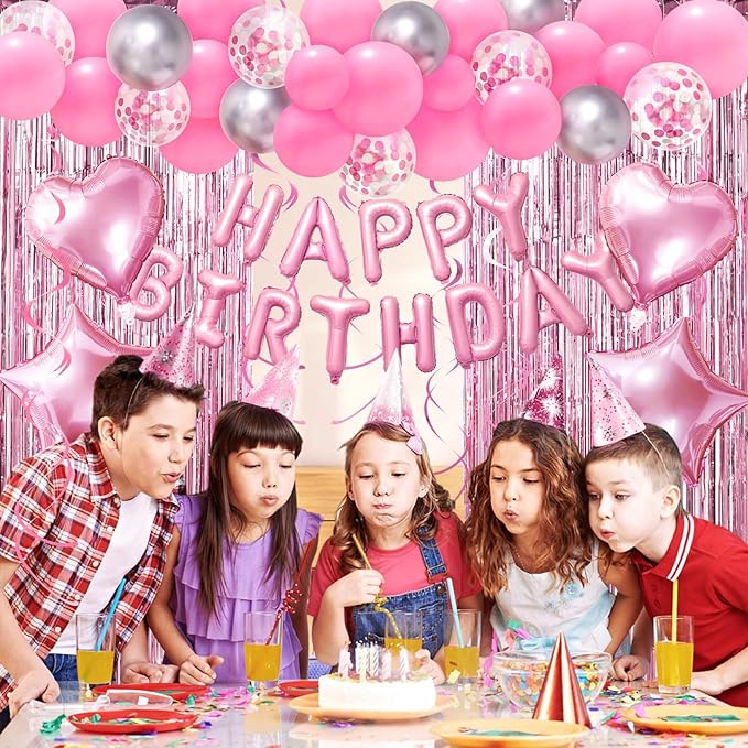 Pink Birthday Decorations, Happy Birthday Banner, Confetti Balloons, Fringe Curtain, Heart Star Foil Balloons, Hanging Swirls for Women Girls Princess Party Decorations