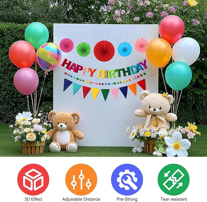 Pre-Strung Happy Birthday Banner, Reusable Felt Birthday Party Decorations, 3D Effect Happy Birthday Sign with Felt Ball Garland, Pennant Flag, Hanging Paper Fans for Men Women Boy Girls (Rainbow)