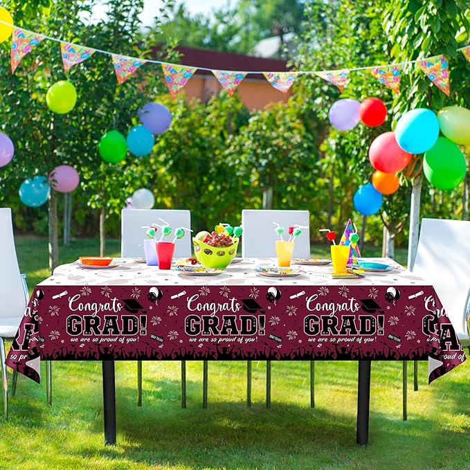 12Pack Graduation Tablecloth Party Decorations, Class of 2026 Congrats Grad Plastic Tablecover Party Supplies, Maroon Rectangle Graduation Table Decorations for College High School Party, 54 x 108Inch