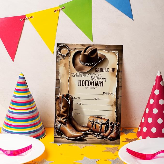 Western Hoedown Birthday Invitations, Retro West Boots Birthday Invitation with Envelopes for West Lovers, 20 Double-Sided Fill In Invitations with Envelopes, Birthday Party Favor & Supplies