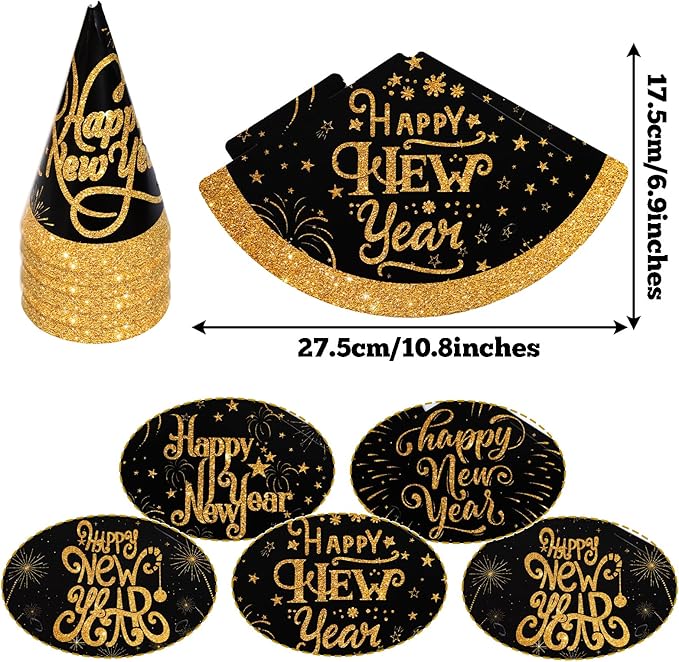 hoyuwak 24 PCS New Years Eve Party Supplies for 6 Guests Happy New Years Party Favors Decorations Including 6 Top Hat 6 Black Gold Glasses 12 Blowouts