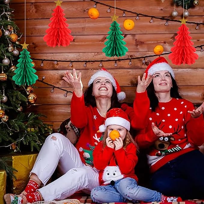 BEISHIDA Red Green Christmas Decorations, 4 Pcs 3D Christmas Honeycomb Centerpieces for Tables, Tissue Paper Tree Garland Xmas Ceiling Hanging Party Decorations for Baby Shower New Year Party Supplies
