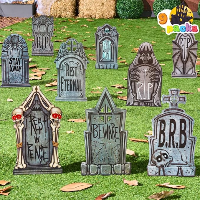 JOYIN 16" 9 Pcs Halloween Tombstones Decorations Outdoor Graveyard Decor, Yard Lawn Cemetery Plastic Headstones with 18 Metal Stakes for Halloween Indoor Prop Decorations, Party Decor Supplies