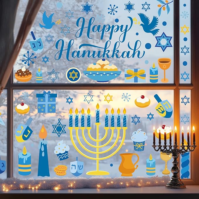 152PCS Hanukkah Window Clings, Happy Hanukkah Party Decorations, Blue Gold Menorah Star Window Decals Party Stickers for Home Class Jewish Decorations Supplies Accessories