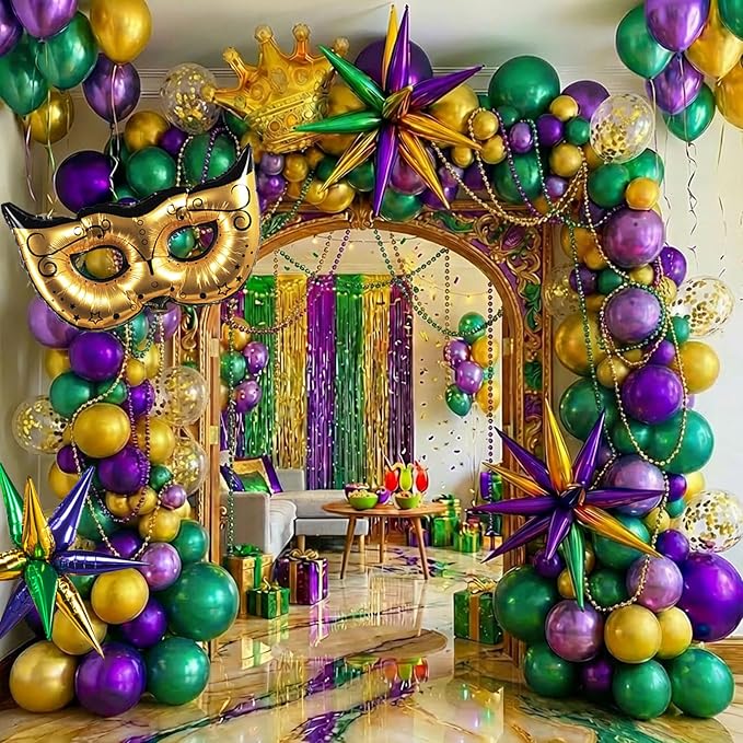 Mardi balloon garland arch kit 130pcs Purple green gold with golden confetti balloons Mylar star Crown and Crown Mask Balloons for Gorgeous Funny Grand Fat Tuesday Party decorations