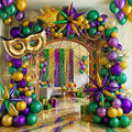 Mardi balloon garland arch kit 130pcs Purple green gold with golden confetti balloons Mylar star Crown and Crown Mask Balloons for Gorgeous Funny Grand Fat Tuesday Party decorations