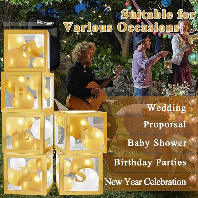 Ledido Gold Transparent Balloon Boxes With 78 Letters & Numbers, Baby Boxes with Letters for Baby Shower Clear Letter Boxes for Party Graduation Wedding Birthday Baby Shower Decorations 6 PCS