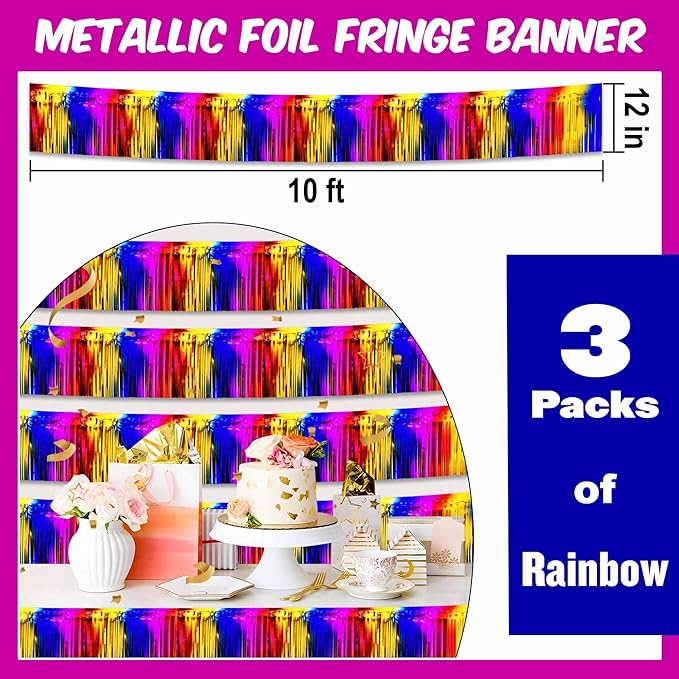 3 Pack 10 Ft Rainbow Foil Fringe Garland Metallic Streamers Tinsel Banner Wall Hanging Garland Backdrop for Parade Floats, Halloween, Christmas, Thanksgiving, New Year Party Decorations