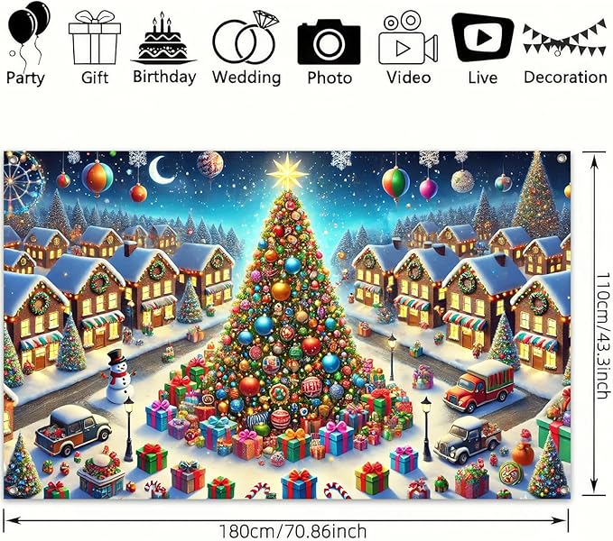 Christmas Village Backdrop 70.9 x 43.3 Inch Winter Wonderland Tree and Snowy Houses Banner with Gifts, Snowman & Lights for Indoor Outdoor Holiday Party Photo Background