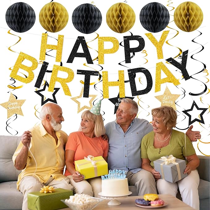 Birthday Decoratioans Pre-Strung Happy Birthday Banner for Women Men Boys Girls Black Gold Birthday Banners with Pennant Honeycomb Balls Cake Topper Stars Hanging Swirl Streamers Circle Dots Garland