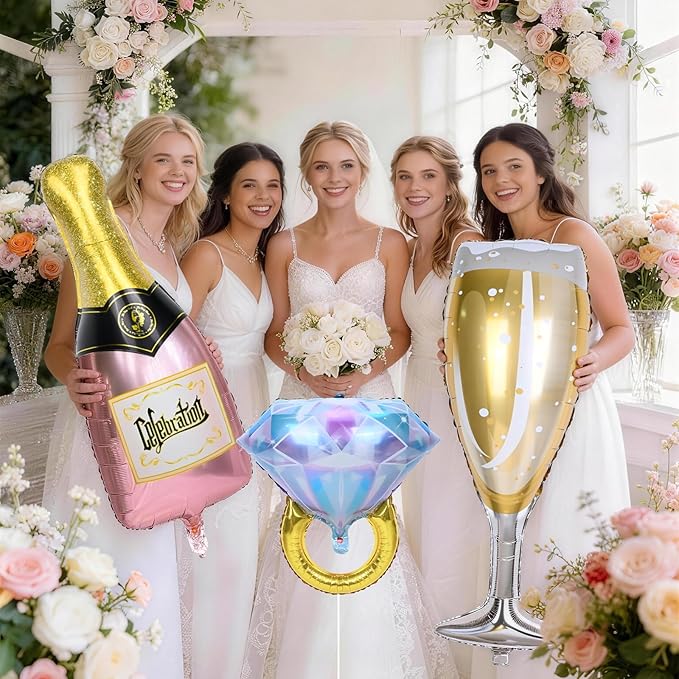 Diamond Ring Balloons Champagne Bottle Wine Glass Foil Balloons for Bachelorette Engagement Bridal Shower Wedding Proposal Marriage Anniversary Just Engaged Married Celebration Party Decorations