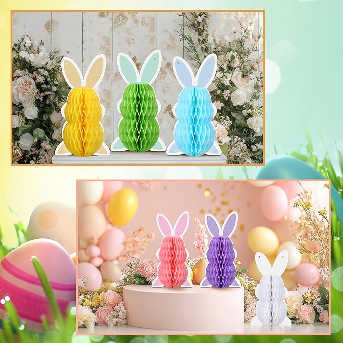6 Pcs Easter Bunny Honeycomb Decorations Honeycomb DIY Table Centerpieces Set Colorful Spring Easter Ornaments for Bunny Themed Birthday Garden Egg Hunt Party Supplies
