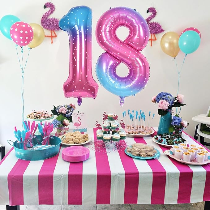 Gradient Blue Pink 2 Balloons, 40 Inch Giant Helium Foil Number 0-9 Rainbow 2th Birthday Balloon for Girls, Self Inflating Starry Digit 2 Balloons for Women Anniversary Party Decorations Supplies