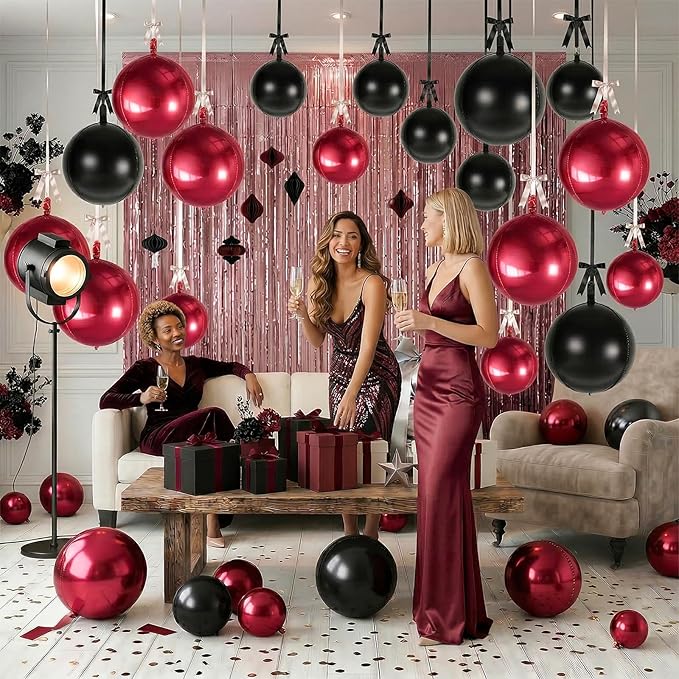 Togvu Black Burgundy Round Foil Balloons, 16PCS Different Sizes 4D Black Balloon Maroon Large Mirror Ball Balloons for Prom Graduation New Year Halloween Birthday Party Ceiling Decorations Supplies
