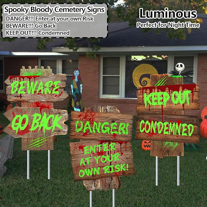 Halloween Decorations Beware Signs Yard Stakes Outdoor Creepy Assorted Warning Sign,Scary Zombie Theme Party Decor Supplies,3 Pieces