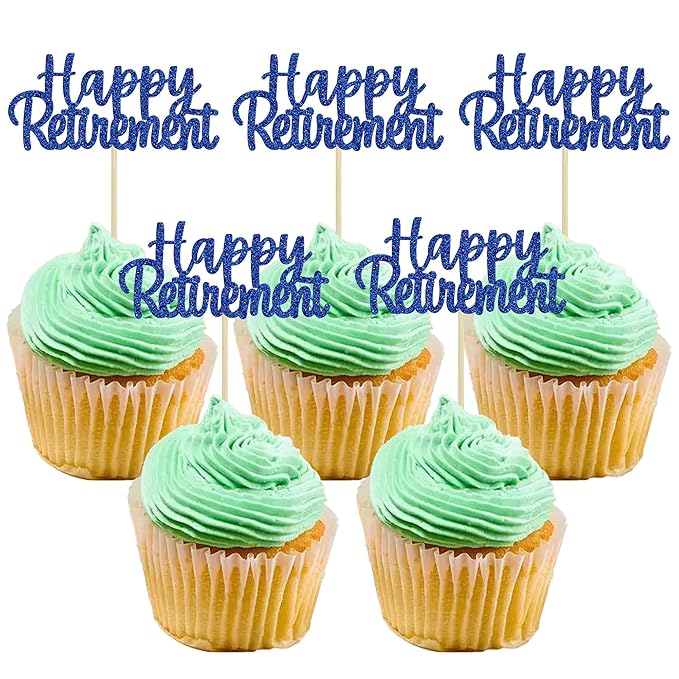 Gyufise 36 Pack Happy Retirement Cupcake Toppers Blue Glitter Retired Cupcake Picks Decorations for Retirement Theme Birthday Party Cake Decorations