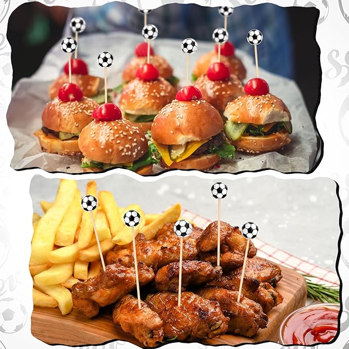 100 Pcs Soccer Toothpicks, 4.72 Inch Soccer Cocktail Picks for Appetizers, Long Bamboo Toothpicks, Decorative Toothpicks Skewers for Holiday Birthday Party Decorations (Soccer 3D)