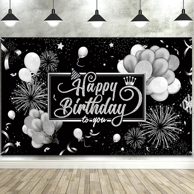Blulu Happy Birthday Backdrop Banner Sign Poster Large Fabric Glitter Balloon Fireworks Sign Photo Backdrop Background for Birthday Party Decoration Supplies, 72.8 x 43.3in(Black and Sliver)