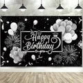 Blulu Happy Birthday Backdrop Banner Sign Poster Large Fabric Glitter Balloon Fireworks Sign Photo Backdrop Background for Birthday Party Decoration Supplies, 72.8 x 43.3in(Black and Sliver)