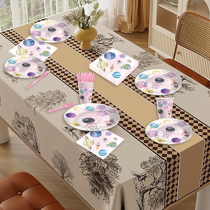 140PCS Space Themed Paper Plates Party Supplies Decorations, Supplies for Girls Baby Birthday Party Decorations Pink Moon Star Outer Space Planet Theme Plates Set for 20 Guests