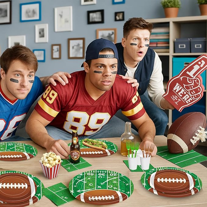 100 Pcs Football Party Supplies Set, Serves 25 – Disposable Football and Field Design Paper Plates, Napkins, and Forks, Game Day Tailgate Themed Tableware for Sports Birthday and Team Decorations