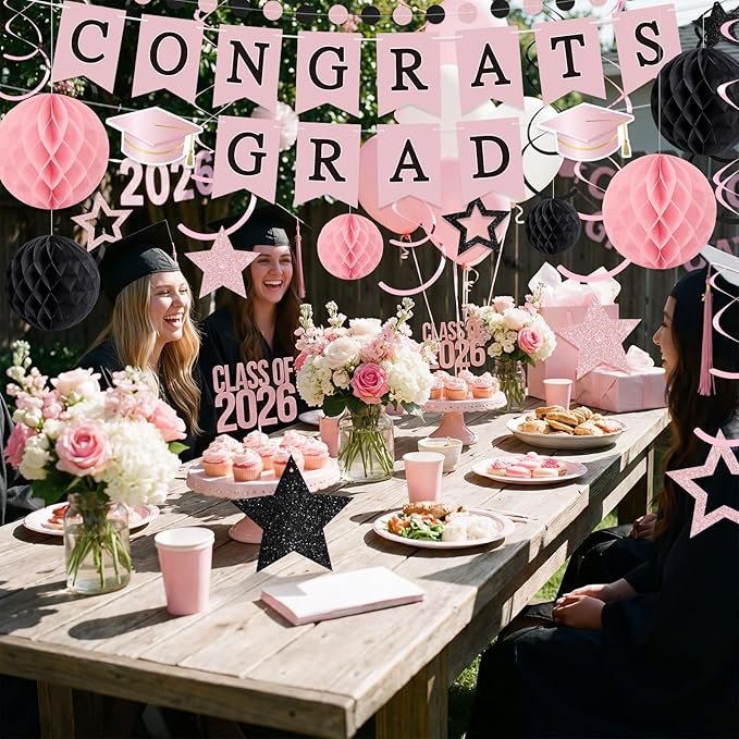 Congrats Grad Banner 2026 Graduation Decoration with Hanging Swirl Honeycomb Ball Circle Garland Grad Party Supplies for College Senior High School Classroom Decor (Pink and Black)