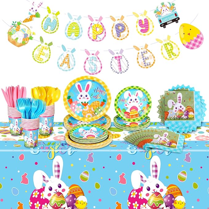 171 Pcs Happy Easter Party Supplies Disposable Easter Tableware Set with Bunny Colorful Eggs Plates Napkins Cups Banner Plastic Tablecloths for Easter Spring Holiday Party Decoration Serve 24