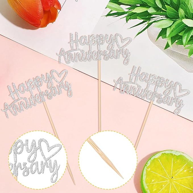 24 PCS Happy Anniversary Cupcake Toppers Glitter Wedding Anniversary Cupcake Picks Happy Anniversary Cupcake Decorations Baby Shower Birthday Wedding Anniversary Party Cake Decorations Supplies Silver