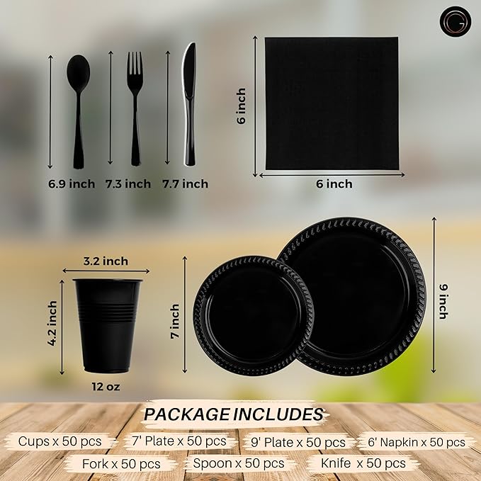 Grandipity 350 Piece Black Dinnerware Set, 50 Guests Plastic Party Plates, Cups, Napkins, Forks, Knives & Spoons