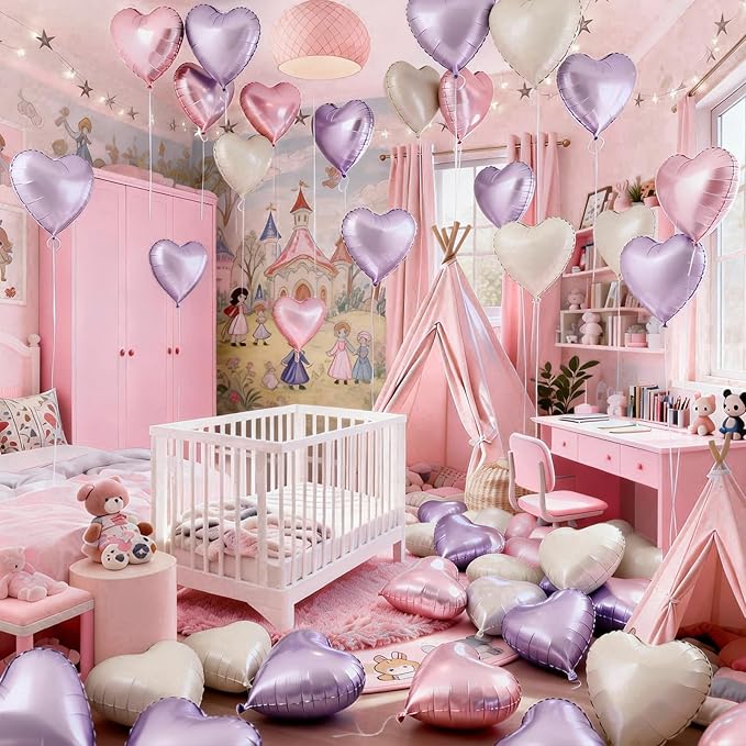 Pink Purple Heart Balloons, 12 Pcs Light Pink Lavender Cream Heart Shape Foil Balloon, 18 Inch Pastel Lila Beige Helium Balloon for Baby Shower Girl Women Birthday Wedding Bridal Valentine Party Decor