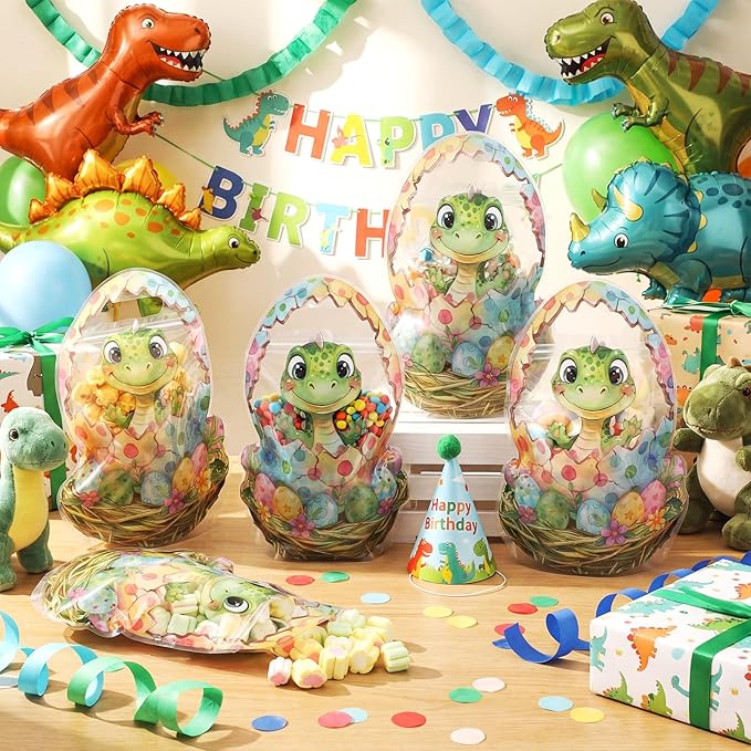 ReliThick 50 Pcs Dinosaur Goodie Bags with Handles, Sealed Plastic Dinosaur Party Favor Gift Bags Bulk Clear Window Dino Egg Candy Treat Pouch for Snack Birthday Baby Shower Decoration Supplies