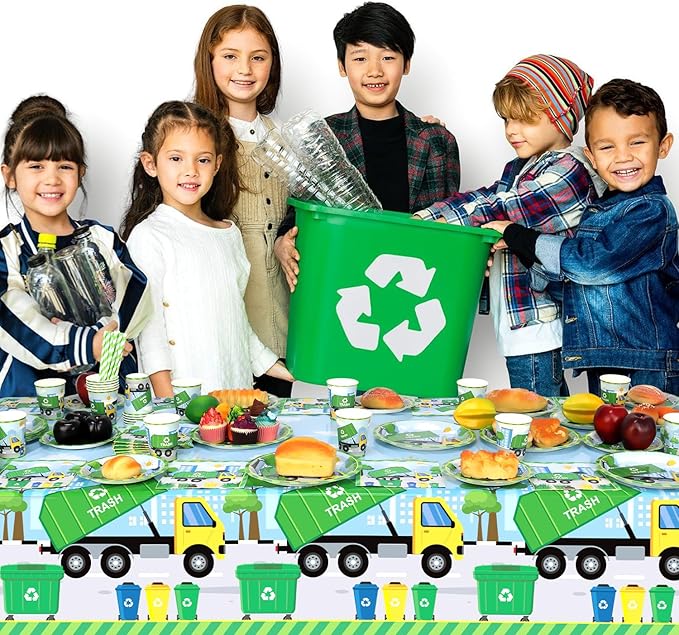 Trash Truck Birthday Party Decoration - Garbage Truck Birthday Party Tableware Supplies Includes Plates, Cups, Napkins, Tablecloth, Straws (20)