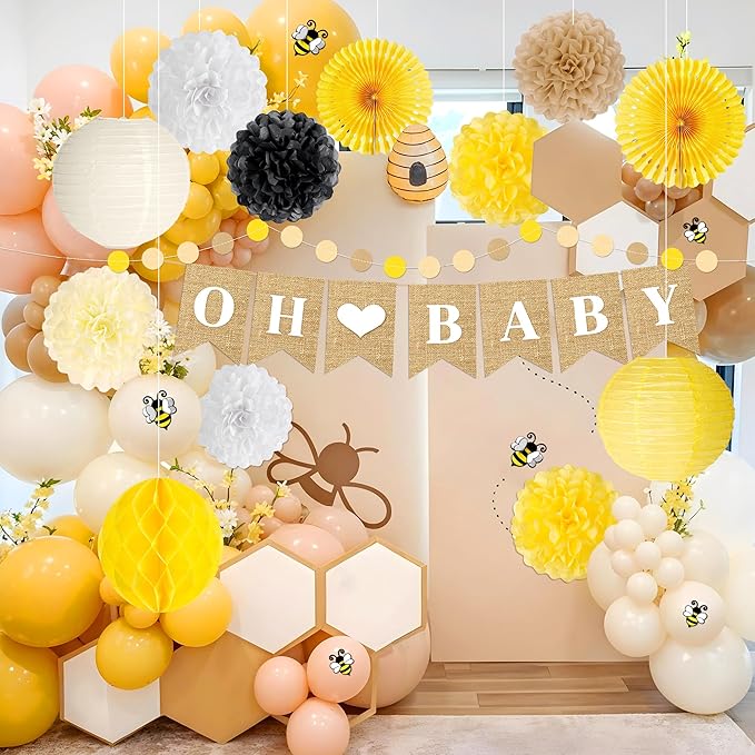 Bee Baby Shower Decorations 14 Pcs Honey Bee Baby Shower Decorations with Banner, Paper Lantern PomPoms Fans, Honeycomb Ball for Bumblebee Party Decor