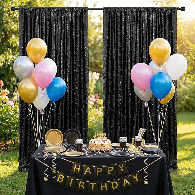 B-COOL Black Sequin Backdrop Curtains 2 Packs 5ftx8ft Sparkle Backdrop Fabric Glitter Photography Drapes for Stage Party Ceremony Birthday Decoration