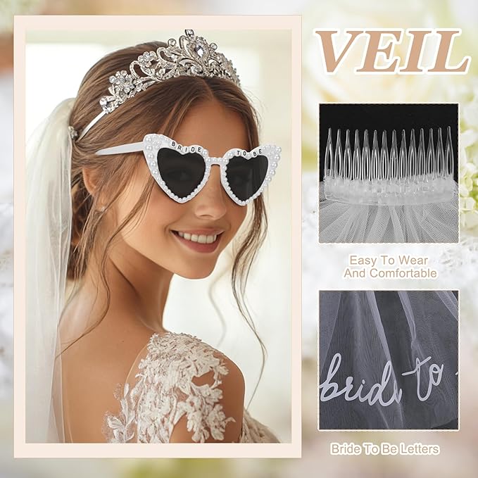 JATEBI 4Pcs Gifts for Bride To Be - Bride Sunglasses Sash&Veil Crown, Bridal Shower Gifts Bachelorette Party Decorations