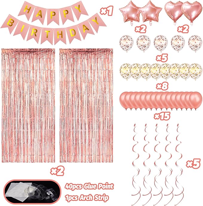 Rose Gold Birthday Decorations, Happy Birthday Banner, Confetti Balloons, Fringe Curtain, Heart Star Foil Balloons, Hanging Swirls for Women Girls Princess Party Decorations