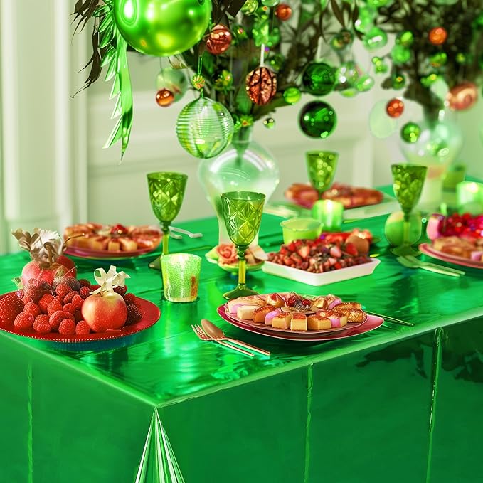 2pcs Green Foil Tablecloth 54*72 Inch Jungle Safari Wild One Birthday Party Table Cloths Plastic Disposable Waterproof Table Cover for Christmas Wedding Baby Shower Graduation Party Supplies