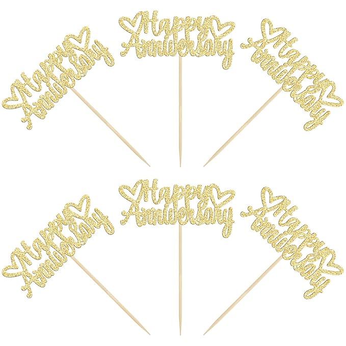 Gyufise 24 Pieces Gold Glitter Happy Anniversary Cupake Toppers Anniversary Party Supplies Cake Decoration Wedding Anniversary Celebration Party Decoration Supplies