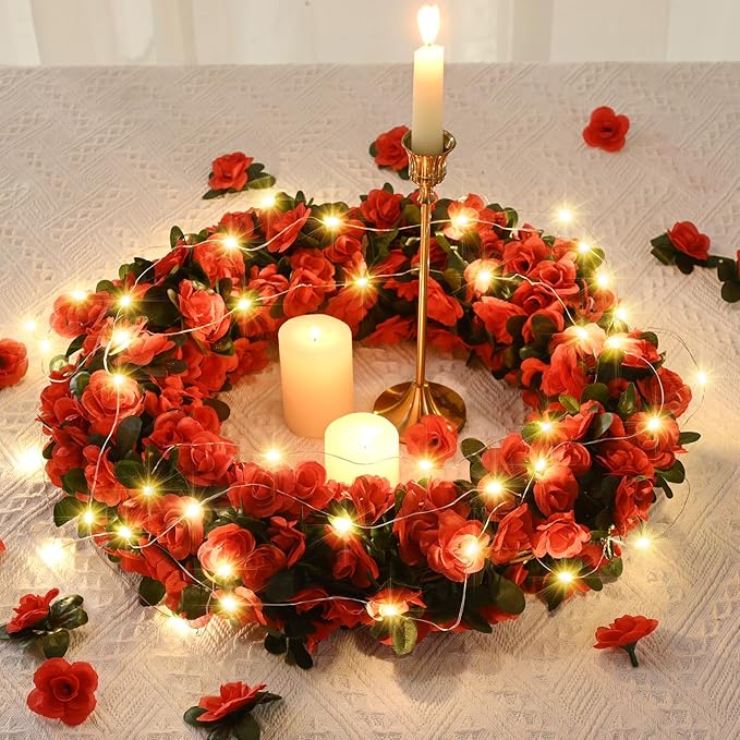 BLEUM CADE 5Pcs 41Ft Flower Garland Artificial Rose Vines with 32.8Ft String Lights, Cute Fake Hanging Flower Vines Floral Garland Decorations for Wedding Party Wall Room Decor Aesthetic