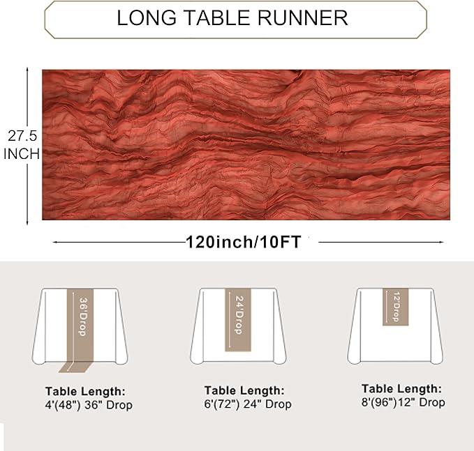 Snowkingdom 10 Ft Fall Thanksgiving Table Runner Terracotta Rust Cheesecloth Gauze, 120 inch Long Burnt Orange Boho Cheese Cloth for Wedding Bridal Shower Rustic Sheer Table Decorations