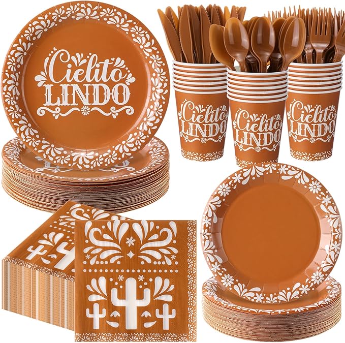 400 Pcs Cielito Lindo Party Decorations for 50, Platos De Barro Mexicanos Paper Plates Napkins and Cups Cutlery Mexican Disposable Tableware Set for Baby Shower Birthday Party Supplies