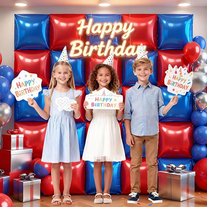36Pcs Red and Blue Square Foil Balloons Wall Backdrop, Double Sided Metallic Foil Balloons Tunnel Arch Garland Kit for Photo Booth Birthday Wedding Halloween Christmas Party Decorations