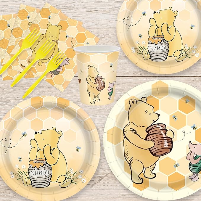 120pcs Winnie Plates and Napkins Classic Bear Baby Shower Disposable Cups Yellow Forks Paper Tableware Set Good for Baby Shower Decorations Serves 24 Guests